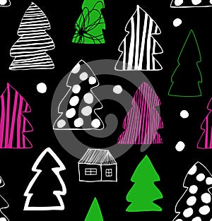 Seamless Christmas winter pattern. Decorative background with spruces, fir-trees. Holiday cartoon design.