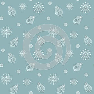 Seamless Christmas winter pattern with white pine branches snow flakes snowballs on blue background. Elegant botanical pattern