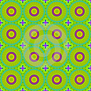 Seamless circles and diamond pattern in lemon lime green yellow purple blue
