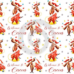 Seamless circus pattern.Circus performers. Decorative vintage circus. Seamless watercolor pattern of clowns