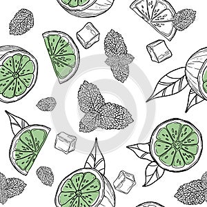 Seamless citrus fruit lime juice cocktail lemonade illustration background pattern isolated on white.