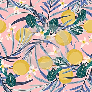 Seamless citrus pattern with palm leves on pink background. Hand drawn illustration with lemons.