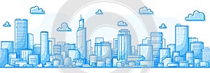 Seamless city landscape. Cityscape with buildings. Simple blue background. Urban silhouette. Line art. Beautiful template. Modern