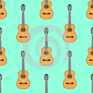 Seamless Classical acoustic guitar pattern on light blue background .Music instrument. Flat design Illustration