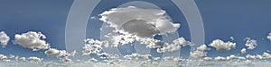 Seamless cloudy blue sky hdri panorama 360 degrees angle view with zenith and beautiful clouds for use in 3d graphics as sky dome