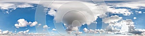 Seamless cloudy blue sky hdri panorama 360 degrees angle view with zenith and beautiful clouds for use in 3d graphics as sky dome