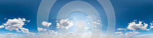 Seamless cloudy blue sky hdri panorama 360 degrees angle view with zenith and beautiful clouds for use in 3d graphics as sky dome