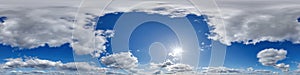 seamless cloudy blue sky 360 hdri panorama view with zenith and clouds for use in 3d graphics or game development as skydome or photo