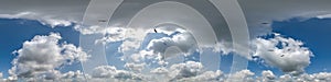 seamless cloudy blue skydome 360 hdri panorama view with flock of birds in awesome clouds with zenith for use in 3d graphics or