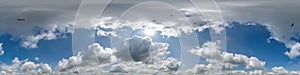 seamless cloudy blue skydome 360 hdri panorama view with flock of birds in awesome clouds with zenith for use in 3d graphics or