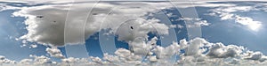 seamless cloudy blue skydome 360 hdri panorama view with flock of birds in awesome clouds with zenith for use in 3d graphics or