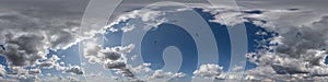 seamless cloudy blue skydome 360 hdri panorama view with flock of birds in awesome clouds with zenith for use in 3d graphics or