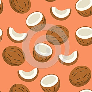 Seamless coconut fruit pattern on coral background