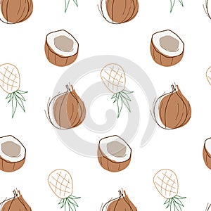 Seamless coconut and pineapple pattern in line style