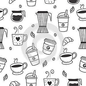 Seamless coffee doodle pattern with a black and white design