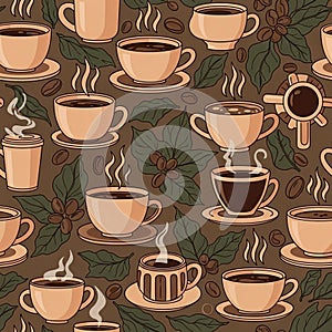 Seamless coffee-themed pattern featuring various steaming coffee cups and mugs