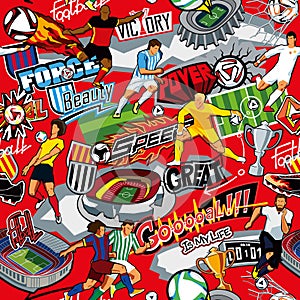 Seamless color pattern on a football theme on a red background. Football attributes, football players of different teams, balls, s