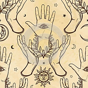 Seamless color pattern: human hands support a palm with an all-seeing eye. Esoteric, mysticism, occultism.