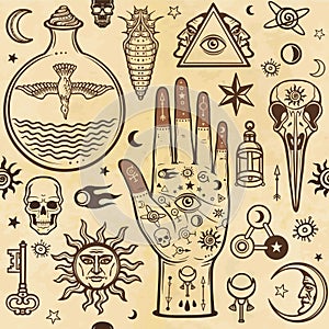 Seamless color pattern: human hands in tattoos, alchemical symbols. Esoteric, mysticism, occultism.