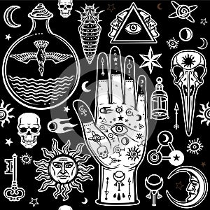 Seamless color pattern: human hands in tattoos, alchemical symbols. photo