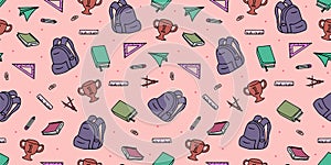 Seamless colored back to school pattern with supplies stationary and creative elements doodle drawing. Colorful fun cute vector