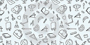 Seamless colored back to school pattern with supplies stationary and creative elements doodle drawing. Creative cute vector