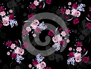 Seamless Colored Floral Pattern On Black Background, Designed for Textile Prints.