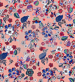 Seamless Colored Floral Pattern with Leaves. Small Flowers Design Ready for Textile Prints.