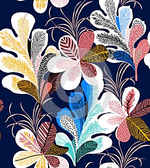 Seamless Colored Flowers with Leaves in Retro Style, Lined Art Pattern Ready for Textile.