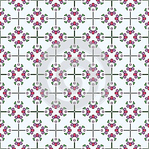 Seamless colored pattern in ethnic style. Abstract flowers with petals in green, purple and dark pink colors, white background