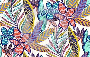 Seamless Colored Tropical Flowers with Retro Hawaiian Style Ready for Textile Prints.