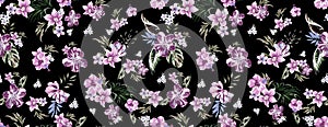 Seamless colored tropical flowers for textile; Retro Hawaiian style floral arrangement, vintage style with black background.