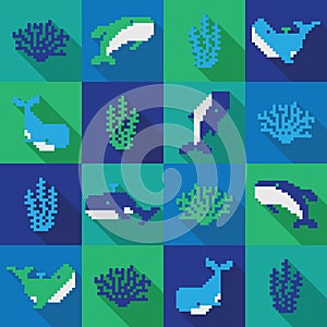 Seamless colorfol pixel whale pattern