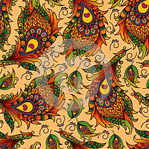 Seamless colorful background with ethnic elements. Pattern with decorative peacock feathers, indian style