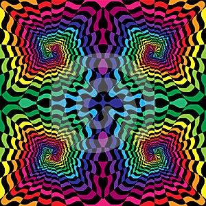 Seamless Colorful and Black Wavy Striped Spirals Expanding from the Center. Optical Illusion of Perspective. Suitable for