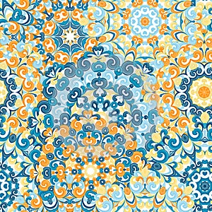 Seamless colorful ethnic pattern with mandalas in oriental style. Round doilies with blue, orange, yellow curls