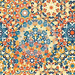 Seamless colorful ethnic pattern with mandalas in oriental style. Round doilies with blue, yellow, orange curls and