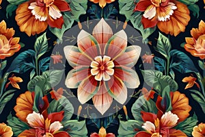 seamless colorful floral design with large flower in the center, flower background