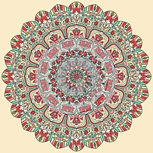 Seamless colorful floral hand drawn pattern with mandala.