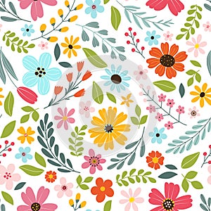 Seamless colorful floral pattern. Hand drawn flowers, herbs, leaves, branches, berries, tulip.