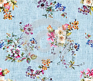 Seamless Colorful Floral Pattern, Ready for Textile Prints on Blue Background.