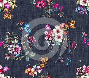 Seamless Colorful Floral Pattern, Ready for Textile Prints on Dark Blue Background.