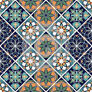 Seamless colorful patchwork in turkish style. Hand drawn background. Azulejos tiles patchwork. Portuguese and Spain