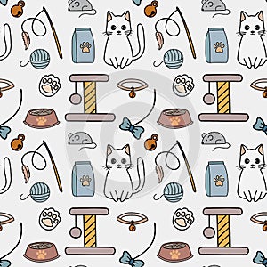 Seamless colorful pattern with cats and accessories. Background for pet shop, veterinary clinic, pet store, zoo, shelter.