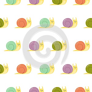Seamless colorful pattern with cute cartoon snail. Baby pattern