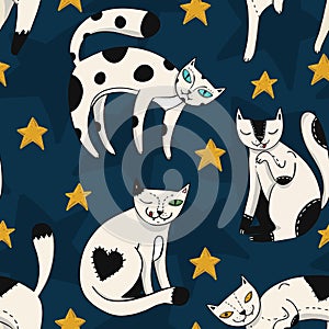 Seamless colorful pattern with funny cats with stars on dark blue sky background