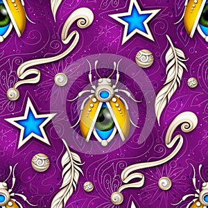 Seamless Colorful Pattern with Mystical Flying Beetle with Eye on the Abdomen, Feathes, Beads and Stars Aesthetic Surreal Design