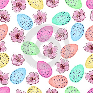 Seamless colorful pattern of a set of Easter eggs and cherry flowers isolated on a transparent background. Idea for packaging,