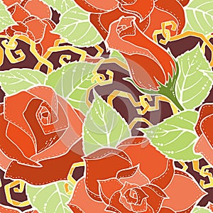 Seamless colorful pattern with stylized red, yellow roses abstract flowers.