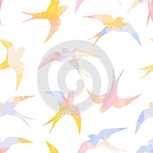 Seamless colorful pattern with watercolor swallows on white background